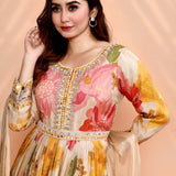 Off-White Satin Crepe Floral Printed Anarkali Set