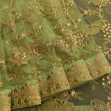 Sage Green Net Saree With Hand Embroidered Gold Sequin Florals