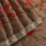 Brown Designer Organza Tissue Saree With Hand-Painted Floral & Bird Embroidery