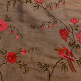 Brown Designer Organza Tissue Saree With Hand-Painted Floral & Bird Embroidery