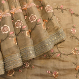 Beige Organza Tissue Saree With Hand Embroidered Bird And Floral Motifs