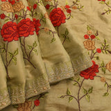 Sage Green Silk Saree With Hand Embroidered Rose Vines