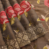 Elegant Brown Tissue Saree With Floral Jaal And Butti Work