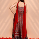 Dark Red Satin Printed Anarkali Set