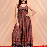 Dark Red Satin Printed Anarkali Set