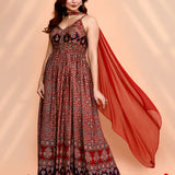 Dark Red Satin Printed Anarkali Set