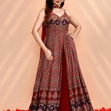 Dark Red Satin Printed Anarkali Set