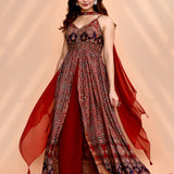 Dark Red Satin Printed Anarkali Set