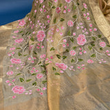 Beige Embroidered Tissue Saree With Pink Rose Vine