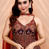 Dark Red Satin Printed Anarkali Set