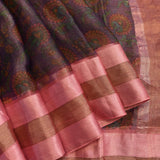 Navy Floral Printed Organza Saree With Pink Pattu Border