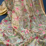 Beige Organza Saree With Dense Multicolour Floral Vine Embroidery And Gold Sequin Border