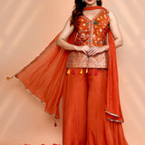Dark Orange Crepe Silk Floral Sharara Set