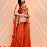 Dark Orange Crepe Silk Floral Sharara Set
