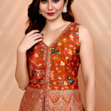 Dark Orange Crepe Silk Floral Sharara Set