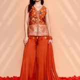 Dark Orange Crepe Silk Floral Sharara Set