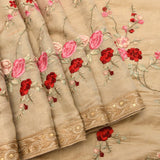 Beige Organza Tissue Saree With Hand-Painted Floral Design And Gold Zari Border