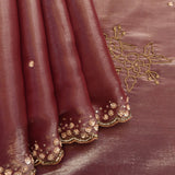 Elegant Brown Tissue Saree With Gold Embroidered Scallop Border