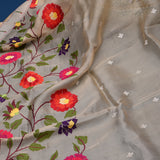 Nude Embroidered Organza Saree With Multicolour Florals