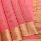 Pink Designer Silk Saree With Gold Jaal Weave And Maroon Contrast Border