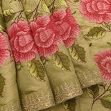 Beige Organza Tissue Saree With Pink Embroidered Floral And Gold Border