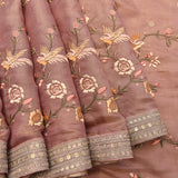 Mauve Silk Saree With Embroidered Birds And Floral Design With Gold-Silver Border