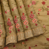Gold Organza Tissue Saree With Embroidered Pink Floral And Gold Border
