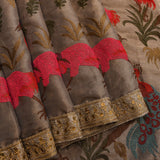 Grey Organza Tissue Saree With Embroidered Red Parrots And Floral Design With Gold Border