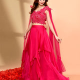 Bright Pink Crepe Embroidered Lehenga Set