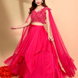 Bright Pink Crepe Embroidered Lehenga Set
