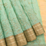 Slate Blue Chanderi Saree With Gold Embroidered Jaal And Paisley Design