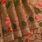 Brown Tissue Saree With Embroidered Multi-Color Floral Design And Gold Border