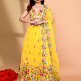 Bright Yellow Organza Floral Lehenga Set