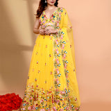 Bright Yellow Organza Floral Lehenga Set
