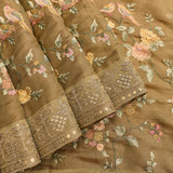 Beige Tissue Saree With Hand-Painted Floral And Bird Design With Gold Border