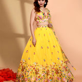 Bright Yellow Organza Floral Lehenga Set