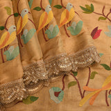 Peach Silk Saree With Embroidered Floral And Bird Design With Gold Border