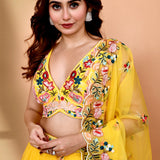 Bright Yellow Organza Floral Lehenga Set