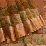 Rust Brown Printed Chiffon Saree With Golden Floral Paisley & Woven Border