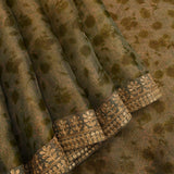 Olive Green Printed Organza Tissue Saree With Embroidered Zari Border