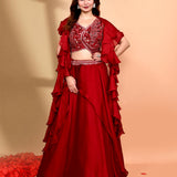 Maroon Crepe Silk Embroidered Lehenga Set