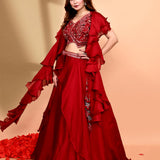 Maroon Crepe Silk Embroidered Lehenga Set