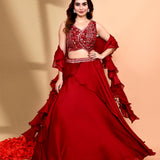 Maroon Crepe Silk Embroidered Lehenga Set