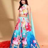 Ombre Blue Satin Crepe Floral Lehenga Set