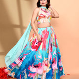 Ombre Blue Satin Crepe Floral Lehenga Set