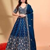 Deep Blue Raw Silk Embroidered Lehenga Set