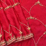 Regal Red Silk Saree With Gold & Silver Embroidered Butti & Jaal Design With Beadwork