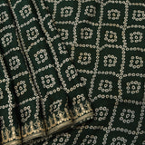 Elegant Forest Green Bandhani Silk Saree With White Tie-Dye Pattern & Gold Embroidered Border