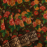 Stunning Chocolate Brown Printed Saree With Vibrant Rose Floral Design & Gold Embroidered Border