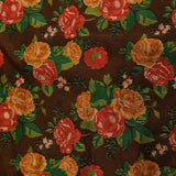 Stunning Chocolate Brown Printed Saree With Vibrant Rose Floral Design & Gold Embroidered Border